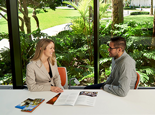 Students interact on campus.